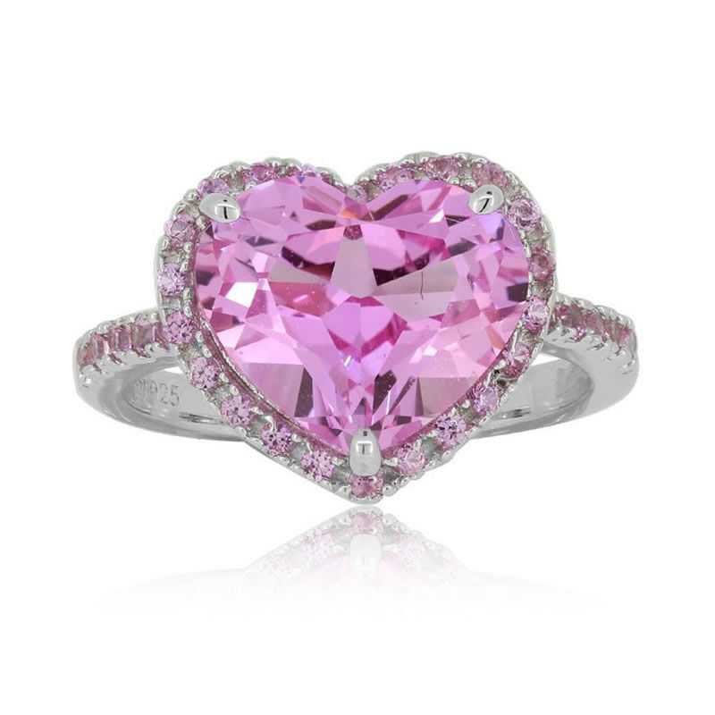Pink Created Sapphire Halo Heart Ring in Sterling Silver image number null