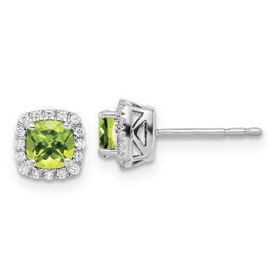 Cushion-Cut Peridot & Diamond Halo Stud Earrings in Sterling Silver