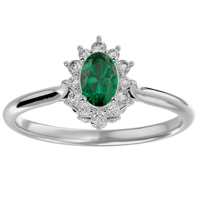 Oval-Cut Emerald & Diamond Halo Ring in 14k White Gold