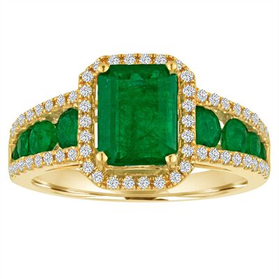 Emerald & Diamond Halo Ring in 14k Yellow Gold