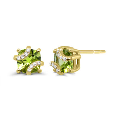 Cushion-Cut Peridot Diamond Swirl 5mm Stud Earrings in 10k Yellow Gold
