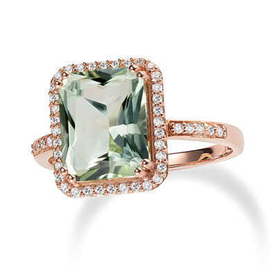 JK Crown Collection Green Amethyst & Diamond Halo Ring in 14k Rose Gold