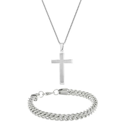 Men's Cross Pendant and 9mm Foxtail Bracelet Box Set in Stainless Steel