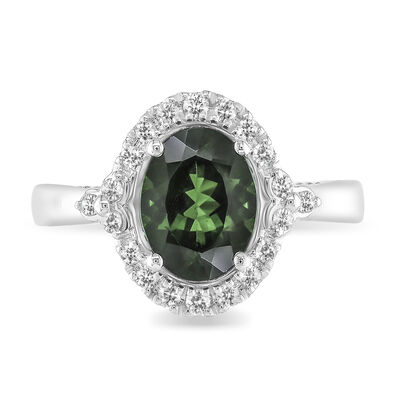 JK Crown Collection Oval Green Chrome Diopside & Diamond Halo Ring in 10k White Gold