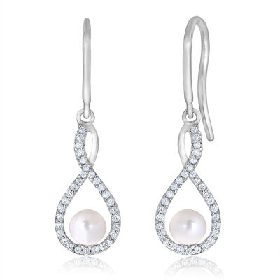 Pearl Twist Dangle Infinity Diamond Earrings in Sterling Silver