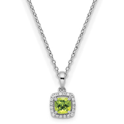 Cushion-Cut Peridot & Diamond Halo Pendant in Sterling Silver