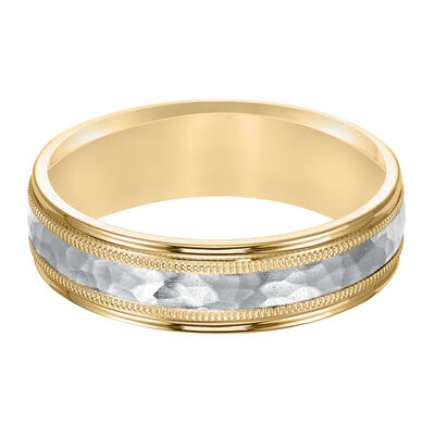Men's Brushed Hammered Finish Wedding Band in Two-Tone Gold