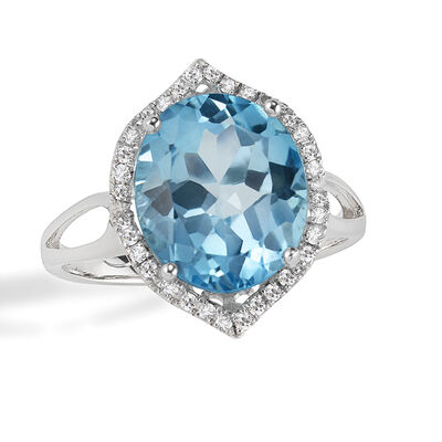 JK Crown Collection Oval Blue Topaz & Diamond Ring in 14k White Gold