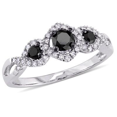 Brilliant-Cut 1/2ct. Black and White Diamond 3-Stone Black Rhodium Plated Engament Ring in 10k White Gold