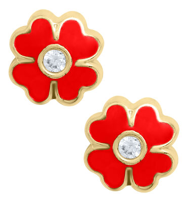 Children's Red Flower Stud Earrings in 14k Yellow Gold