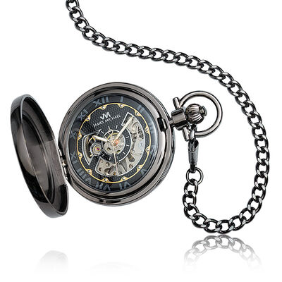 James Michael Satin Gunmetal Skeleton Dial Pocket Watch 