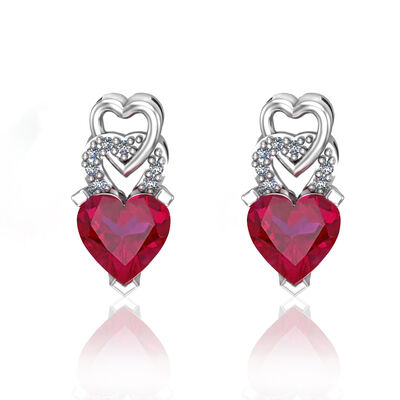 Heart-Shaped Created Ruby & Diamond Earrings in Sterling Silver