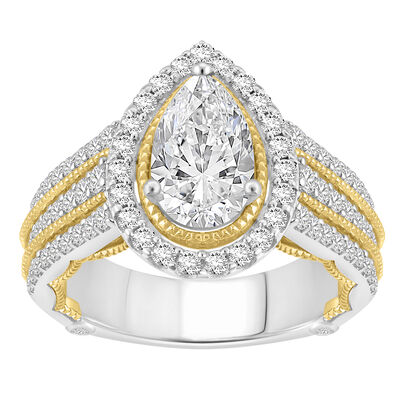 Pear-Shaped Lab Grown 2.50ctw. Diamond Multi-Row Halo Engagement Ring in 14k Two-Tone Gold