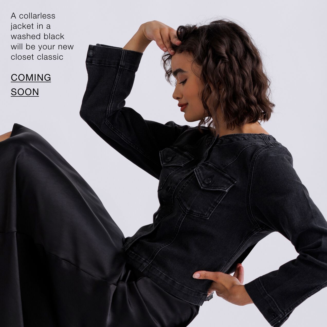A collarless jacket in a washed black will be your new closet classic