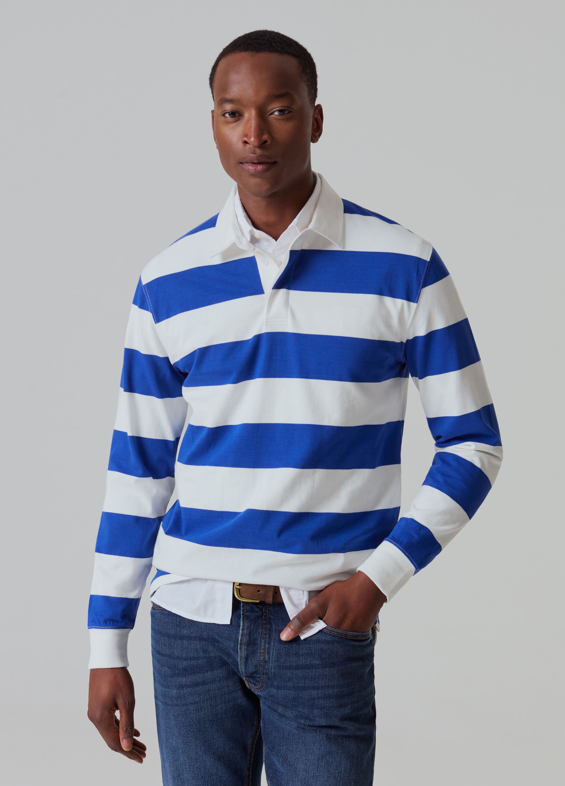 Man s White Blue Striped polo shirt with long sleeves PIOMBO