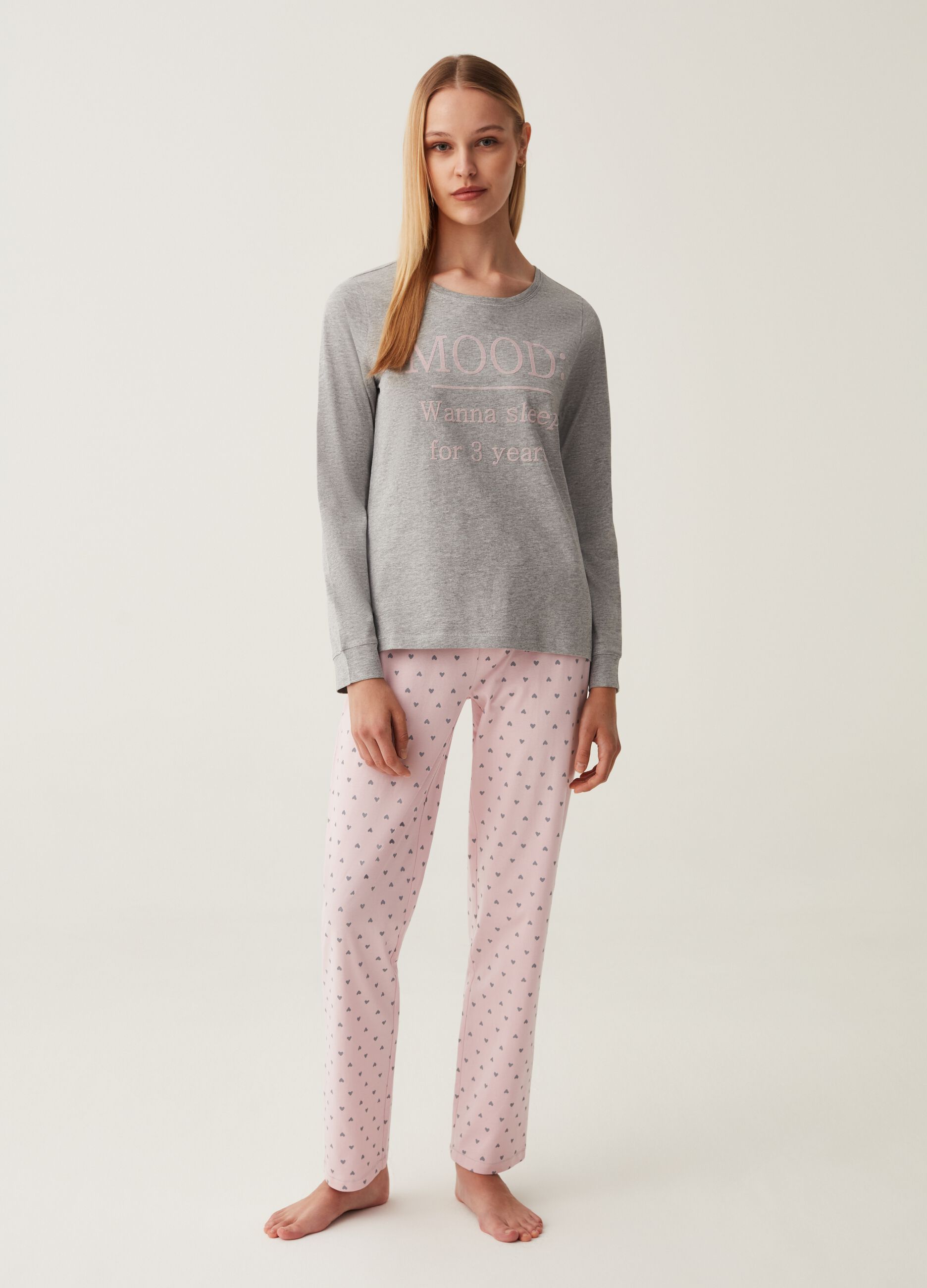 Woman s Grey Pink Long pyjamas with hearts print OVS