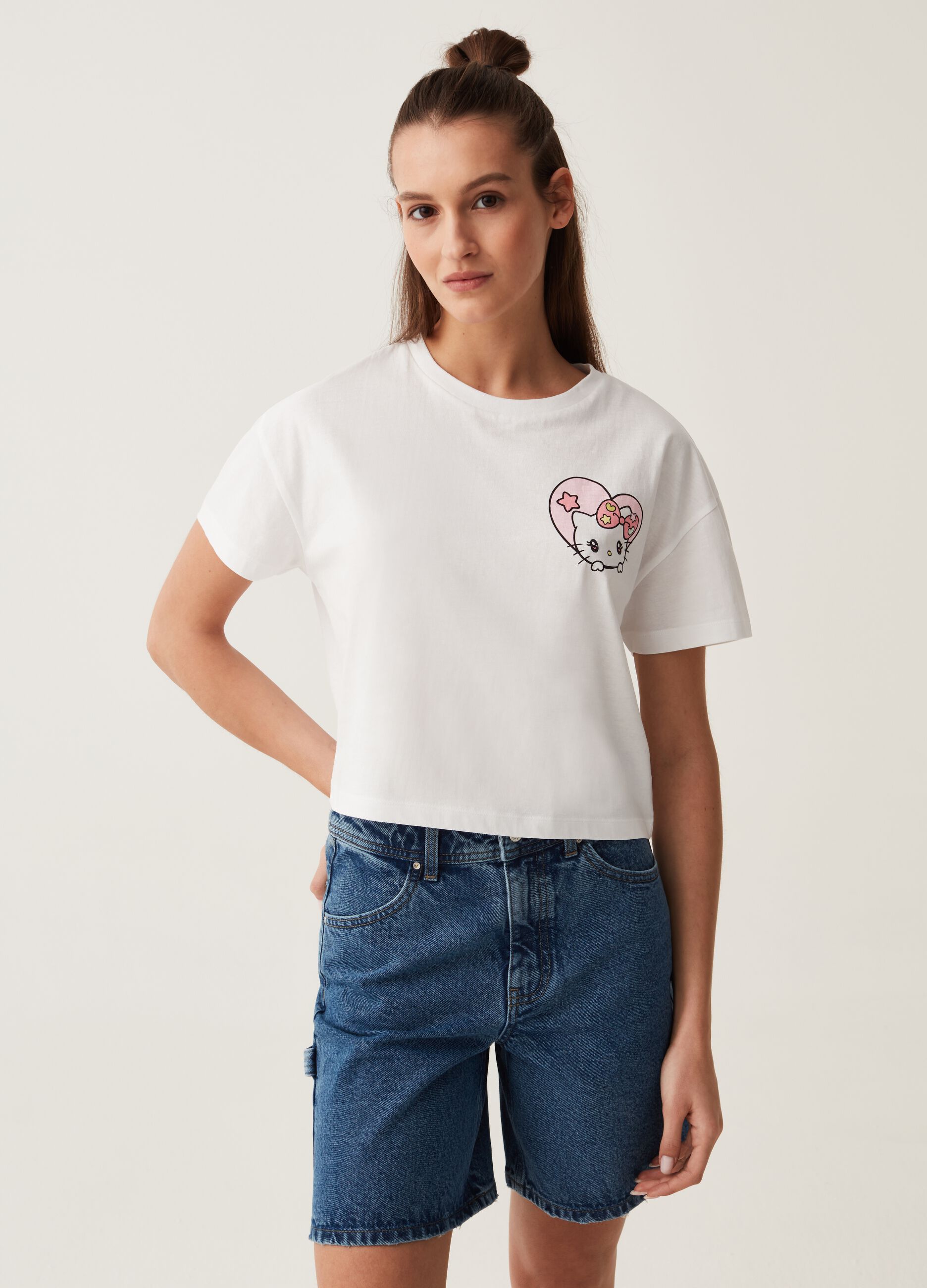 T shirt in cotone con stampa Hello Kitty Bianco MANGA da Donna OVS