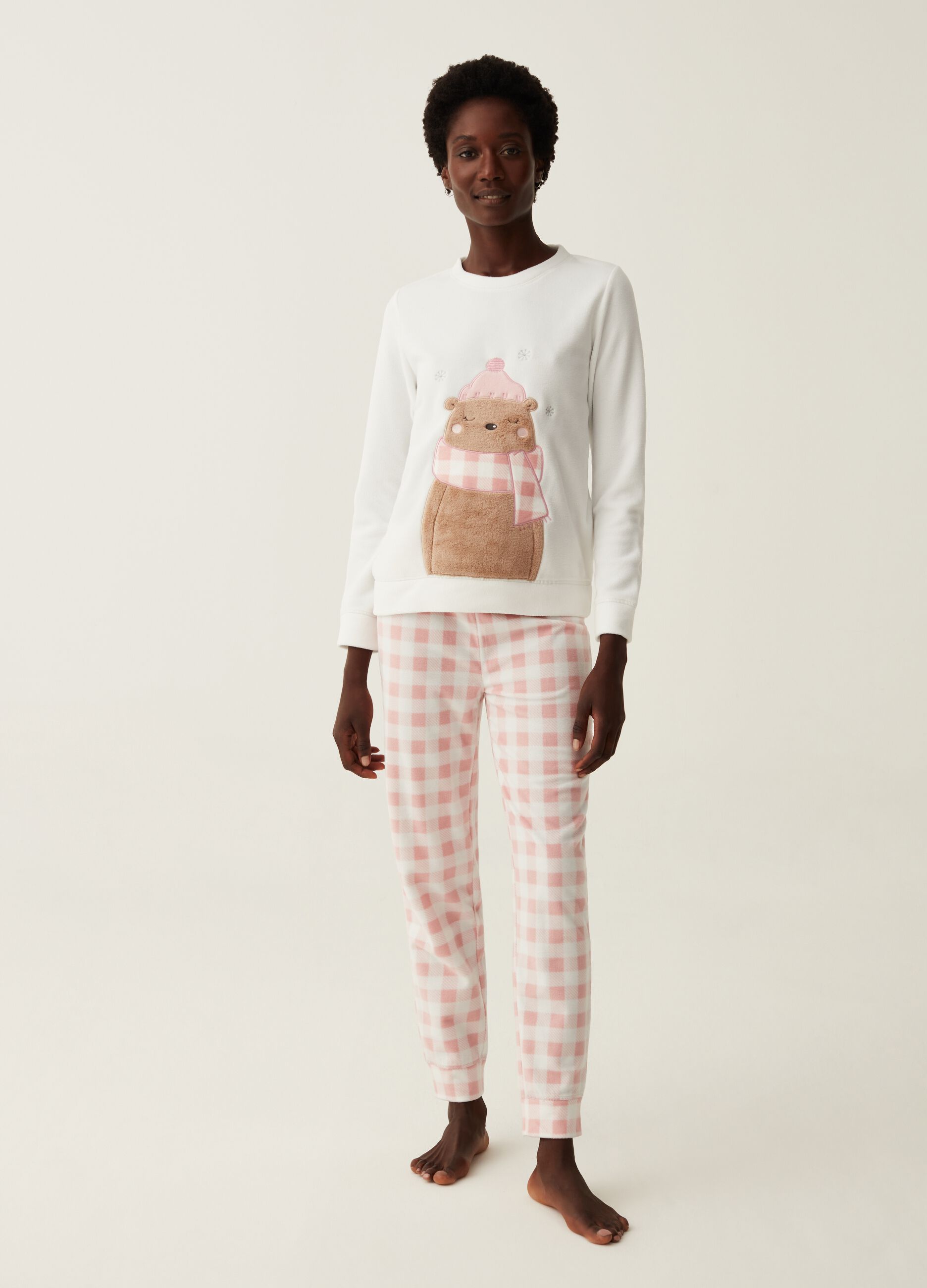 Pigiama lungo in pile con ricamo orso Bianco Rosa da Donna OVS