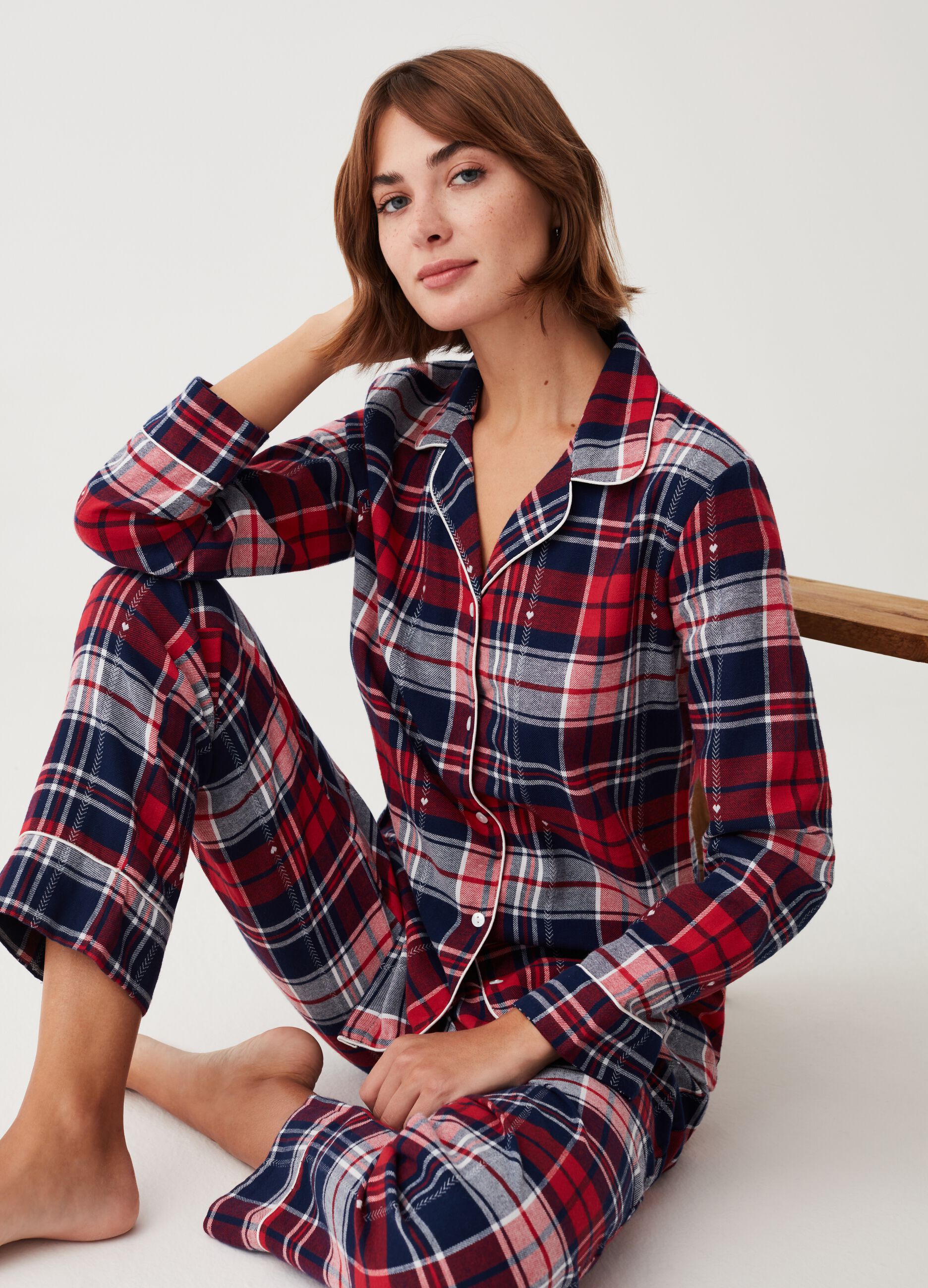 Pigiama tartan con disegno a cuoricini Bianco Blu Rosso da Donna OVS