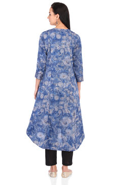 Blue A-Line Art Silk Printed Kurta image number 5