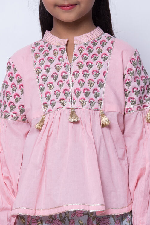 Light Pink Cotton A-Line Kurta Dhoti Pant Suit Set image number 1