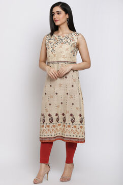 Cream Cotton Straight Printed Kurta image number 2