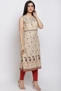Cream Cotton Straight Printed Kurta image number 3