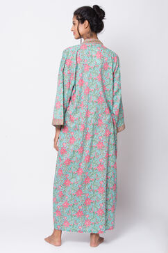 Teal And Pink Cotton Printed Sleepwear Robe image number 6