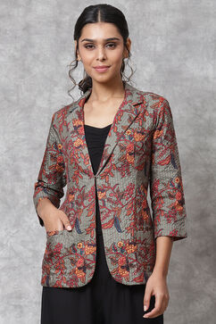 Olive Green Straight Art Silk Printed Jacket image number 0