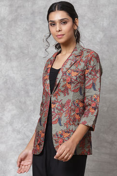 Olive Green Straight Art Silk Printed Jacket image number 2