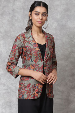 Olive Green Straight Art Silk Printed Jacket image number 3