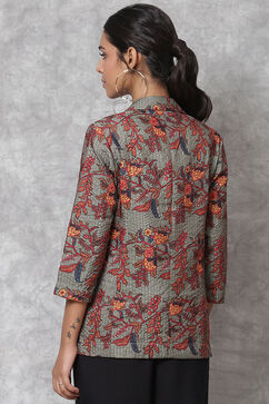 Olive Green Straight Art Silk Printed Jacket image number 4