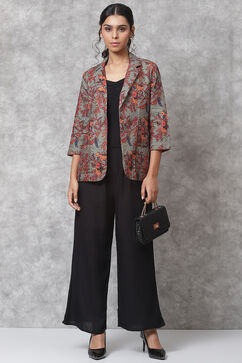 Olive Green Straight Art Silk Printed Jacket image number 5