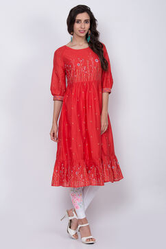 Red Cotton Flared Printed Kurta image number 0