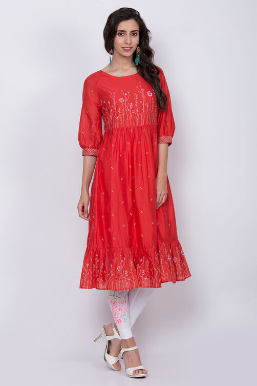 Red Cotton Flared Printed Kurta image number 0