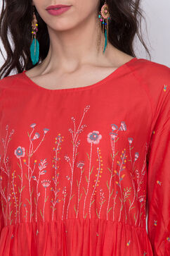 Red Cotton Flared Printed Kurta image number 1