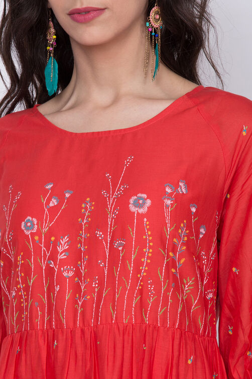 Red Cotton Flared Printed Kurta image number 1