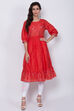 Red Cotton Flared Printed Kurta image number 2