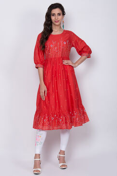 Red Cotton Flared Printed Kurta image number 2