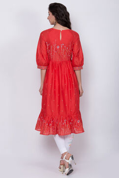 Red Cotton Flared Printed Kurta image number 3