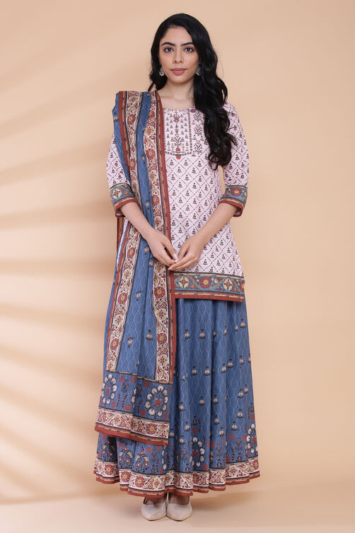 Peach And Blue Cotton Straight Kurta Skirt Suit Set image number 0