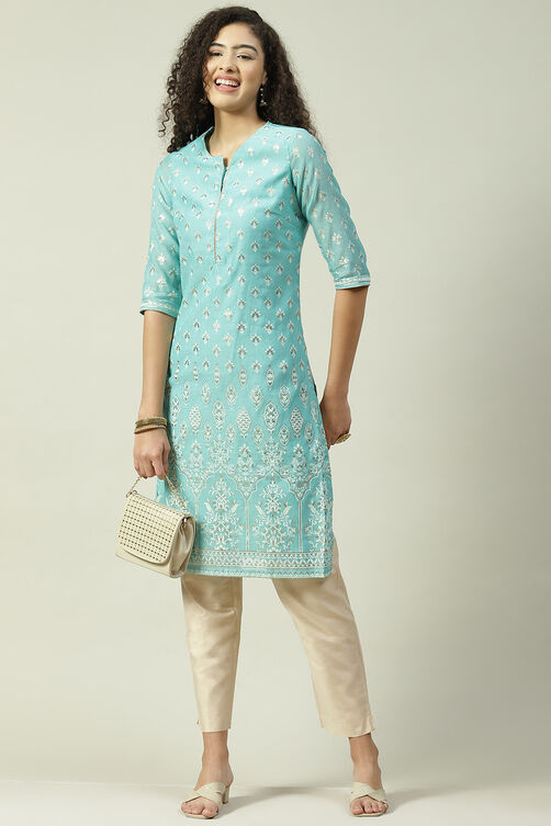 Turquoise Art Silk Straight Kurta image number 5