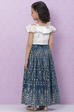 White And Blue Art Silk Flared Lehenga image number 4