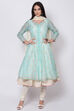 Sea Green Poly Cotton Front Open Kurta Churidar Suit Set image number 0