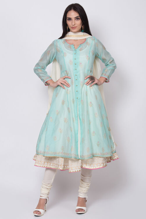 Sea Green Poly Cotton Front Open Kurta Churidar Suit Set image number 0