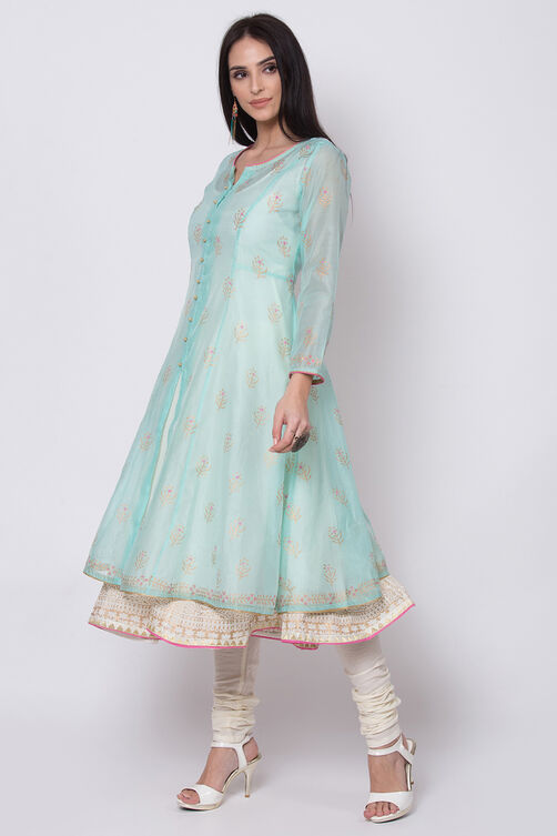 Sea Green Poly Cotton Front Open Kurta Churidar Suit Set image number 3
