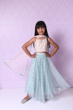 Cream And Turquoise Poly Cotton Lehenga Set image number 4